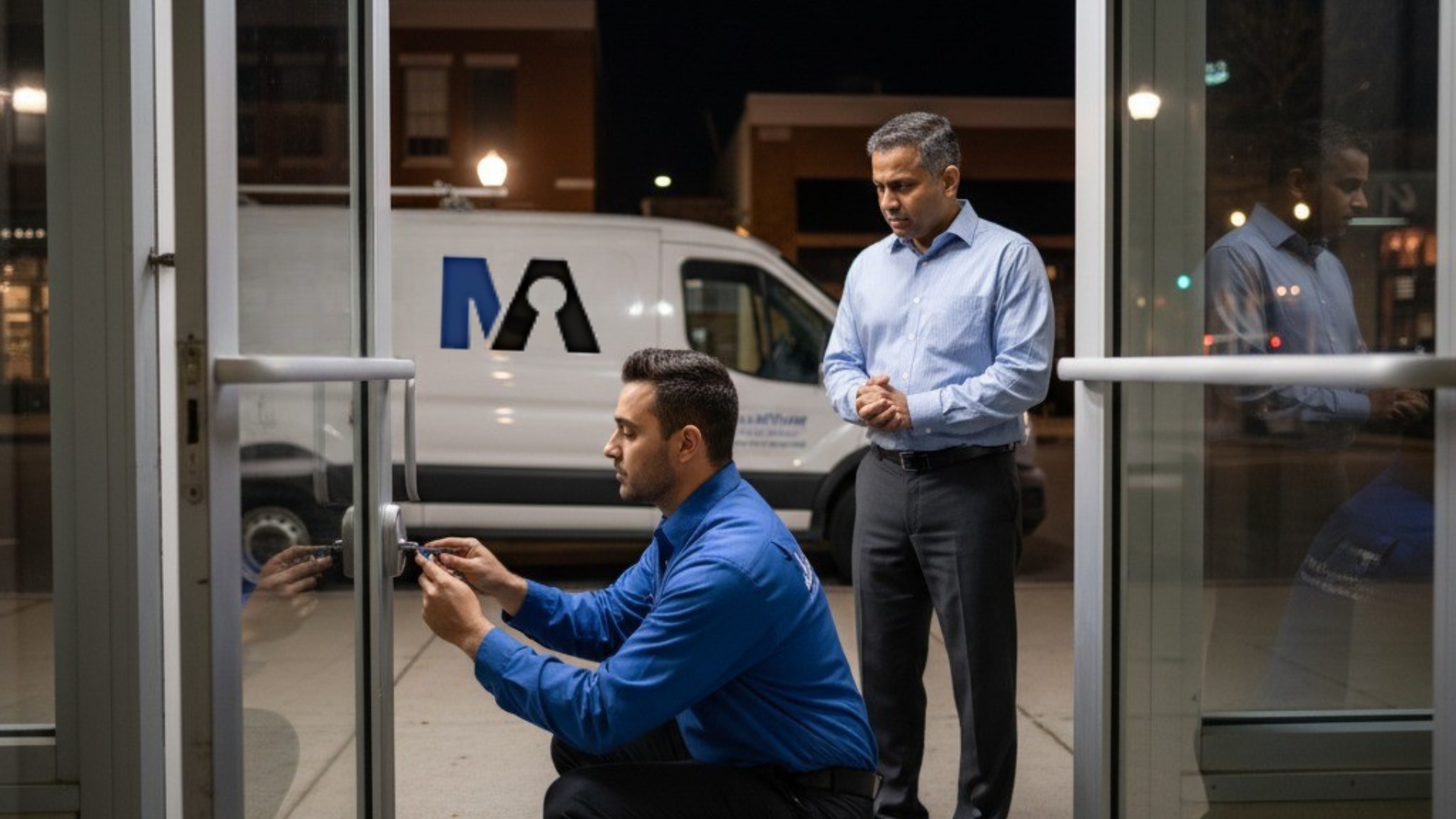 A commercial locksmith assisting business owner with storefront lock repair in Bethesda