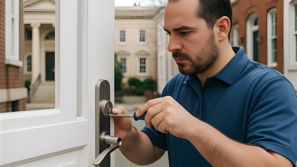 Inspecting a residential door lock during regular maintenance for residential locks