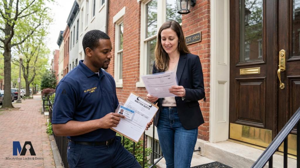 Insured DC locksmith providing a written estimate during a service visit