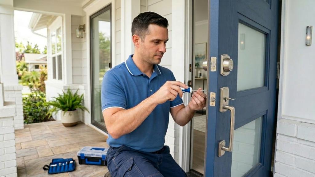 Locksmith installing new deadbolt on residential front door