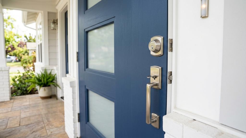 Modern front door with smart security lock and deadbolt