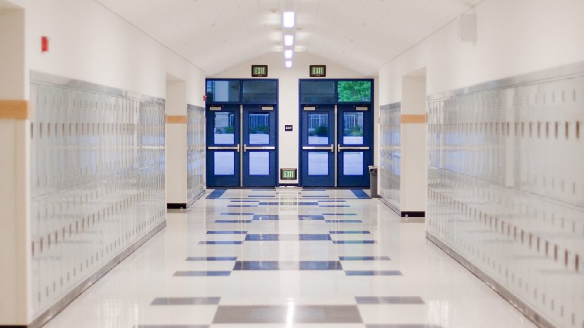 A set of double door with panic hardware in a school hallway