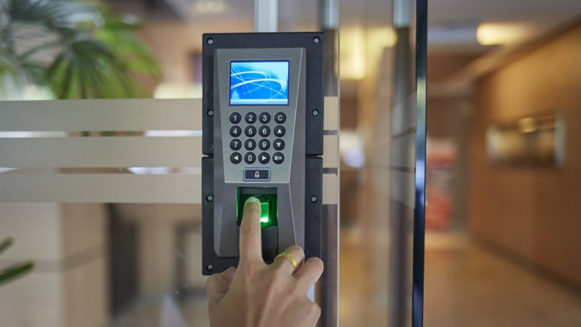 A user scanning their fingerprint on biometric lock. Electronic locks are a type of high-security locks.