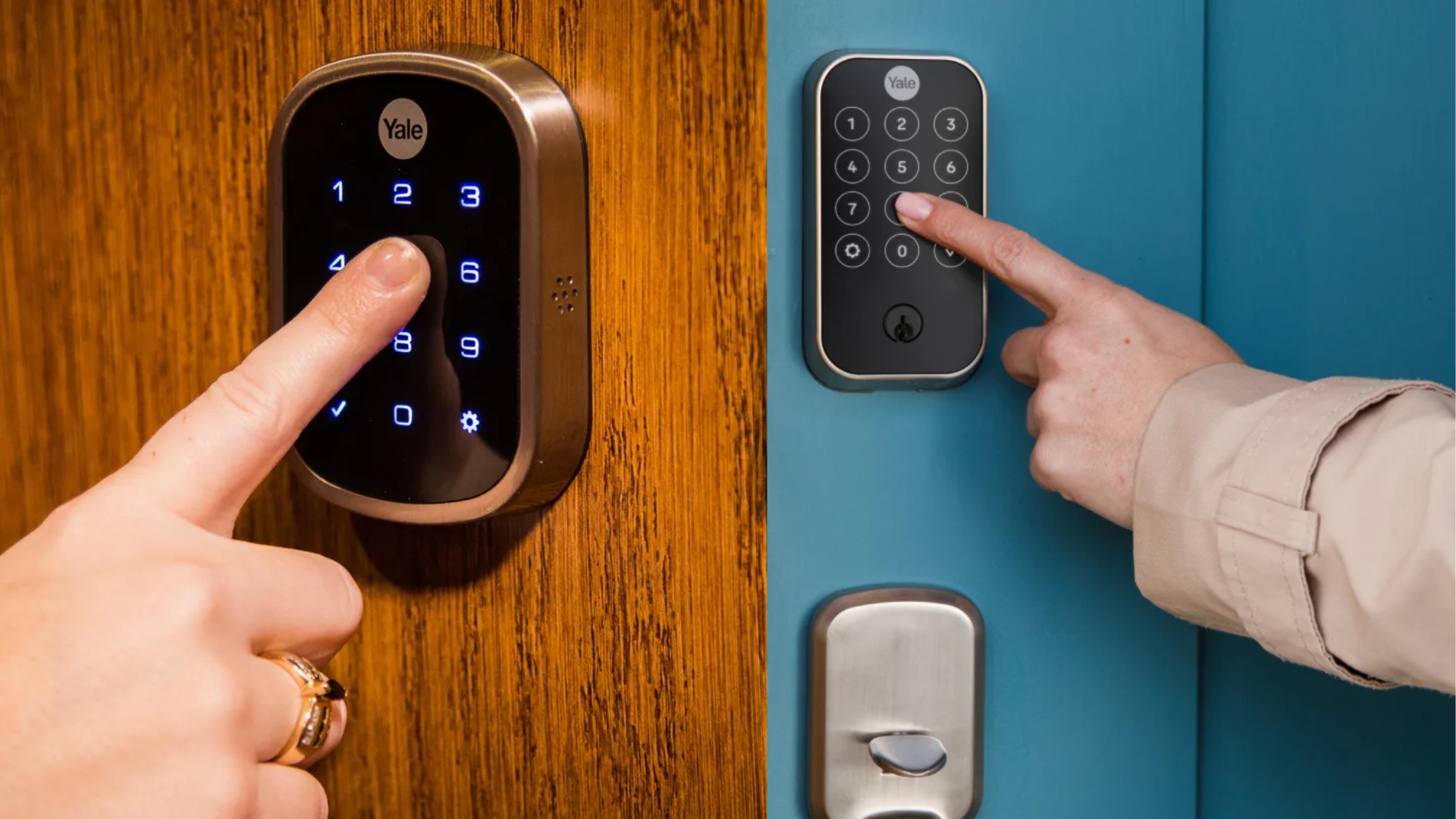 Two different Yale keyless entry door locks illustrate modern security technology in a residential setting.