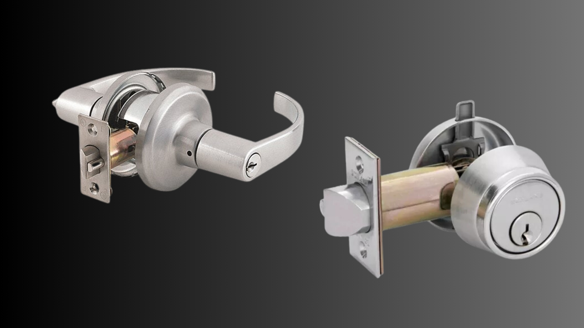 Two types of deadlatches for office and retail store security, showcasing their robust mechanisms and keys.