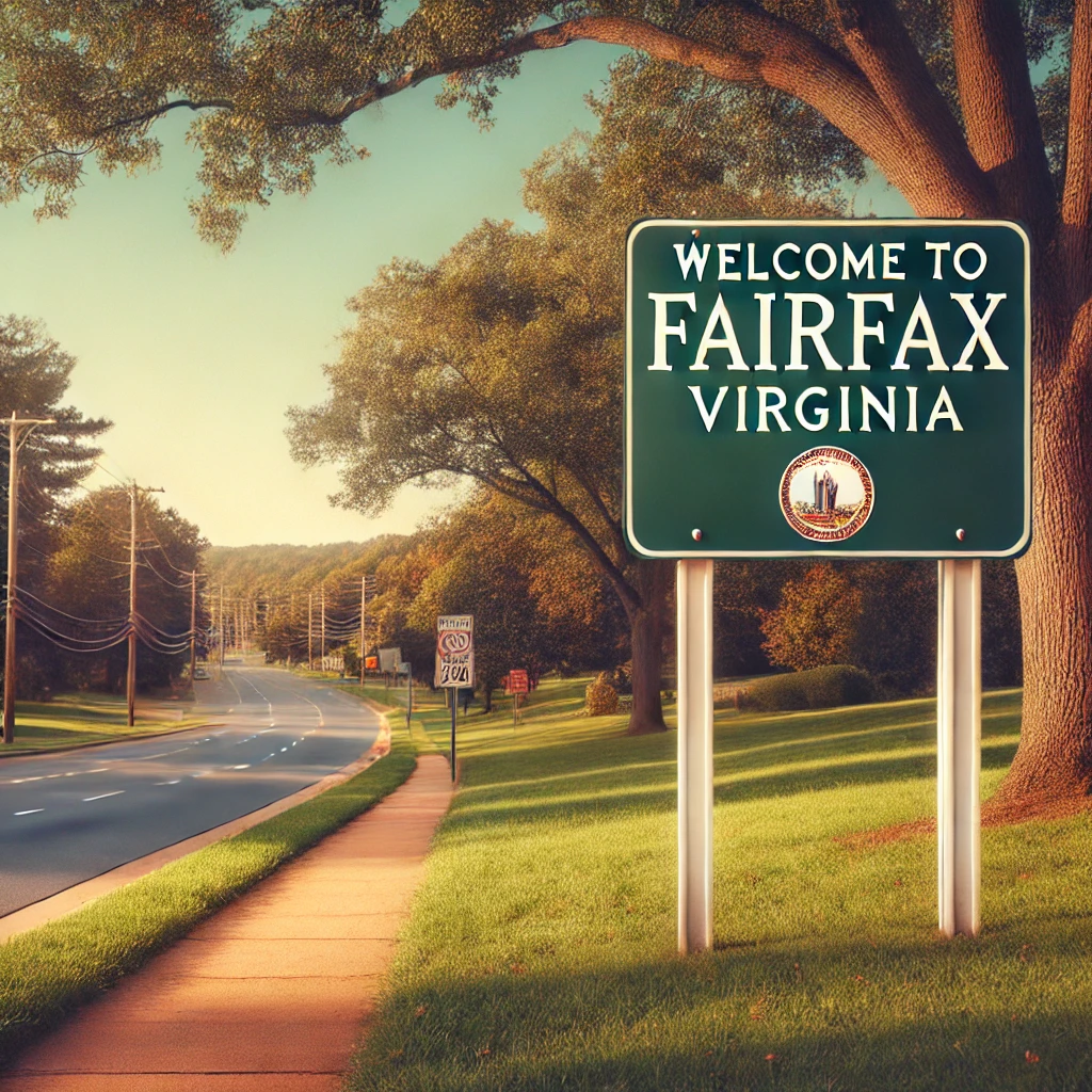 DALL·E 2024-09-23 18.58.43 - A roadside signboard for Fairfax, Virginia. The sign is set against a scenic suburban backdrop with trees and a clear sky. The sign is classic with a (1)