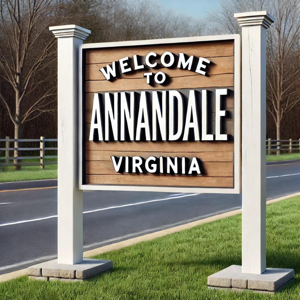 DALL·E 2024-10-01 13.01.48 - A realistic signboard for Annandale, VA in a suburban setting. The sign is large and made of wood with clean, readable white text that says 'Welcome t