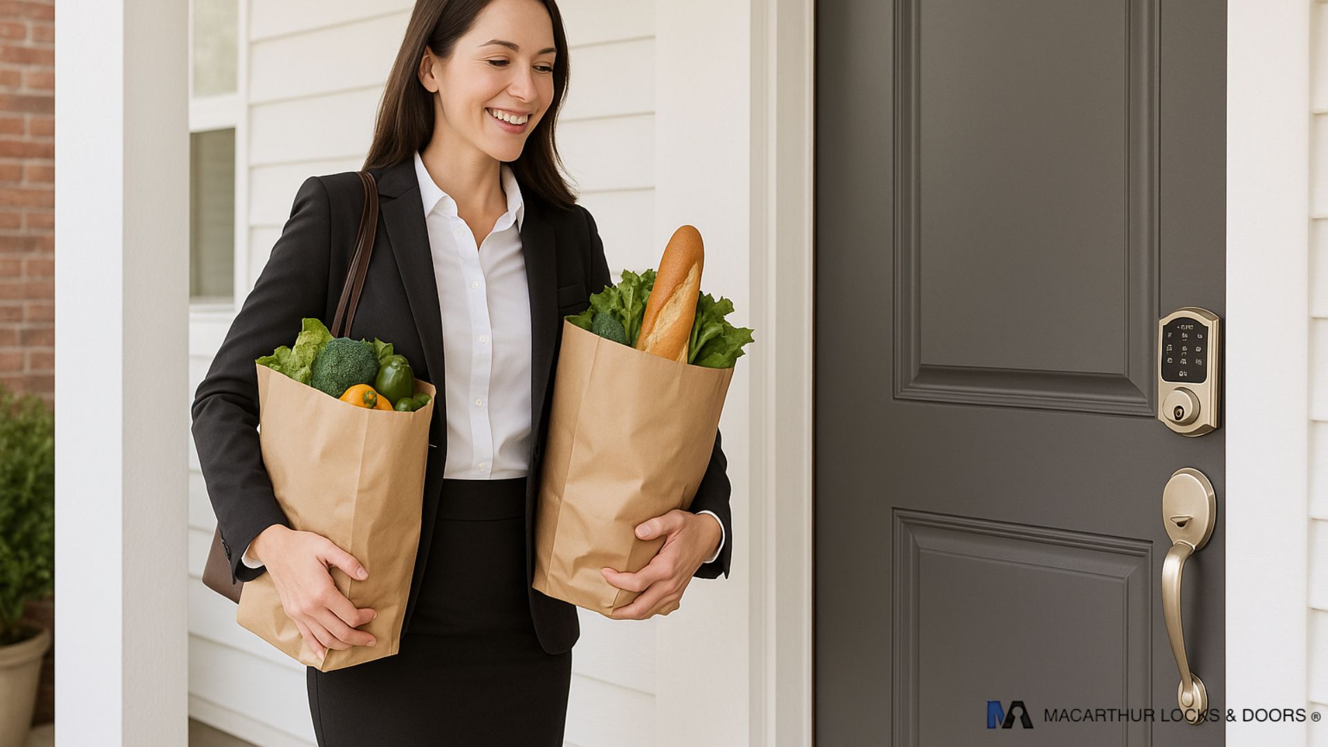 A woman carrying groceries entering home with Schlage keypad lock on front door