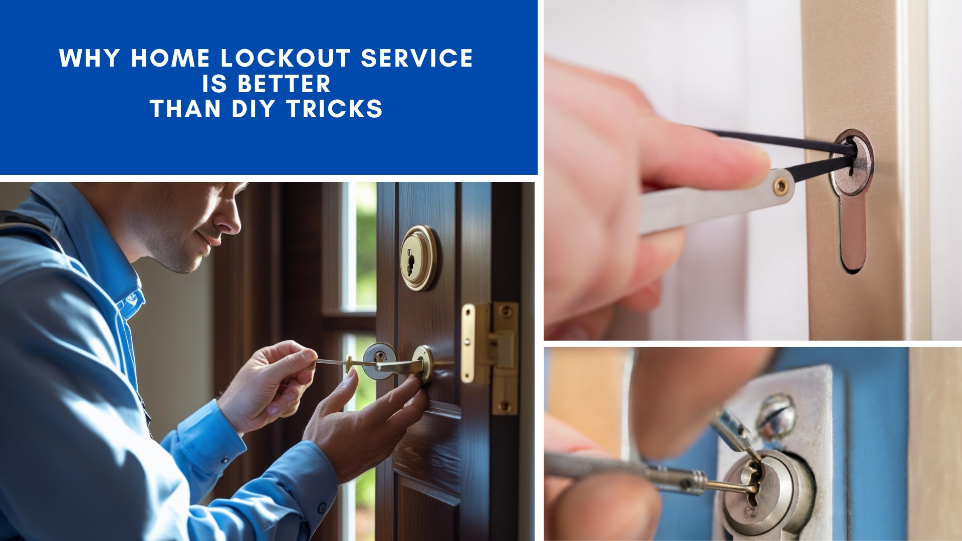 Why professional home lockout service is better than DIY tricks, showing locksmith unlocking doors