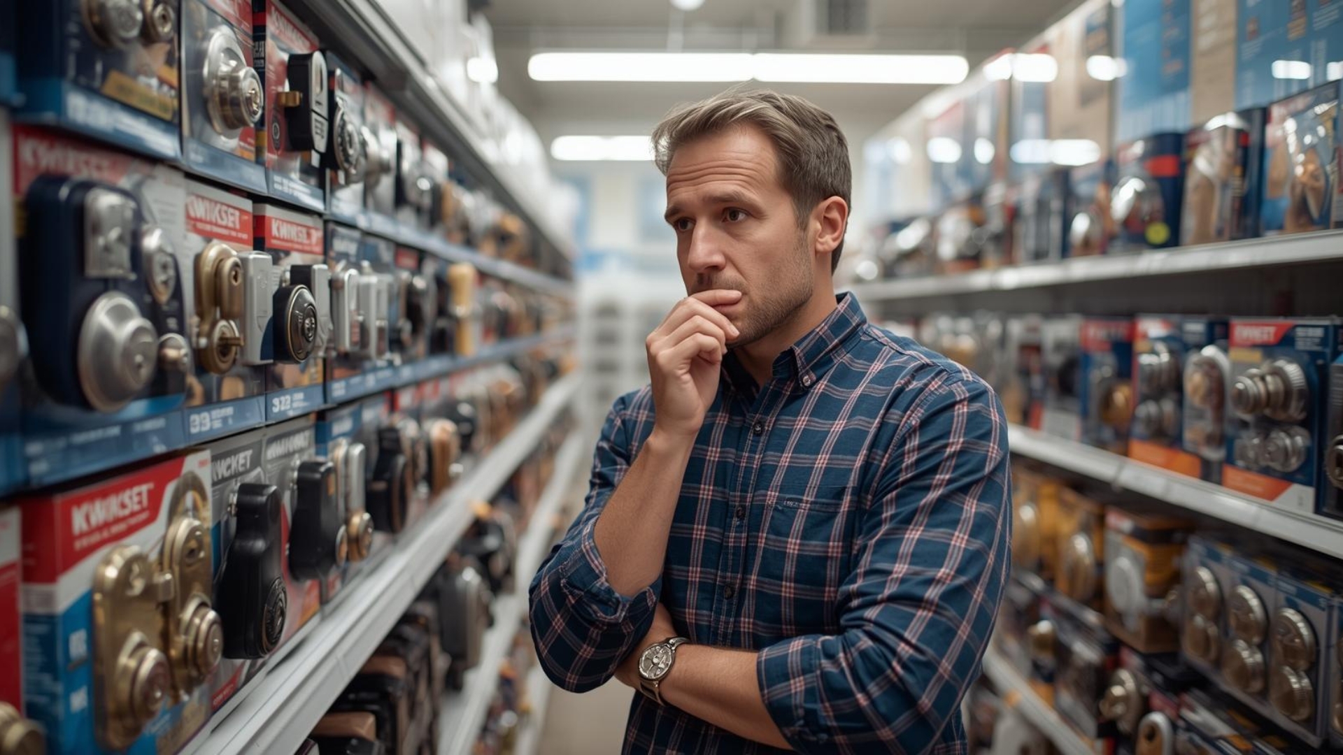 A homeowner deciding on Kwikset lock options at local hardware store