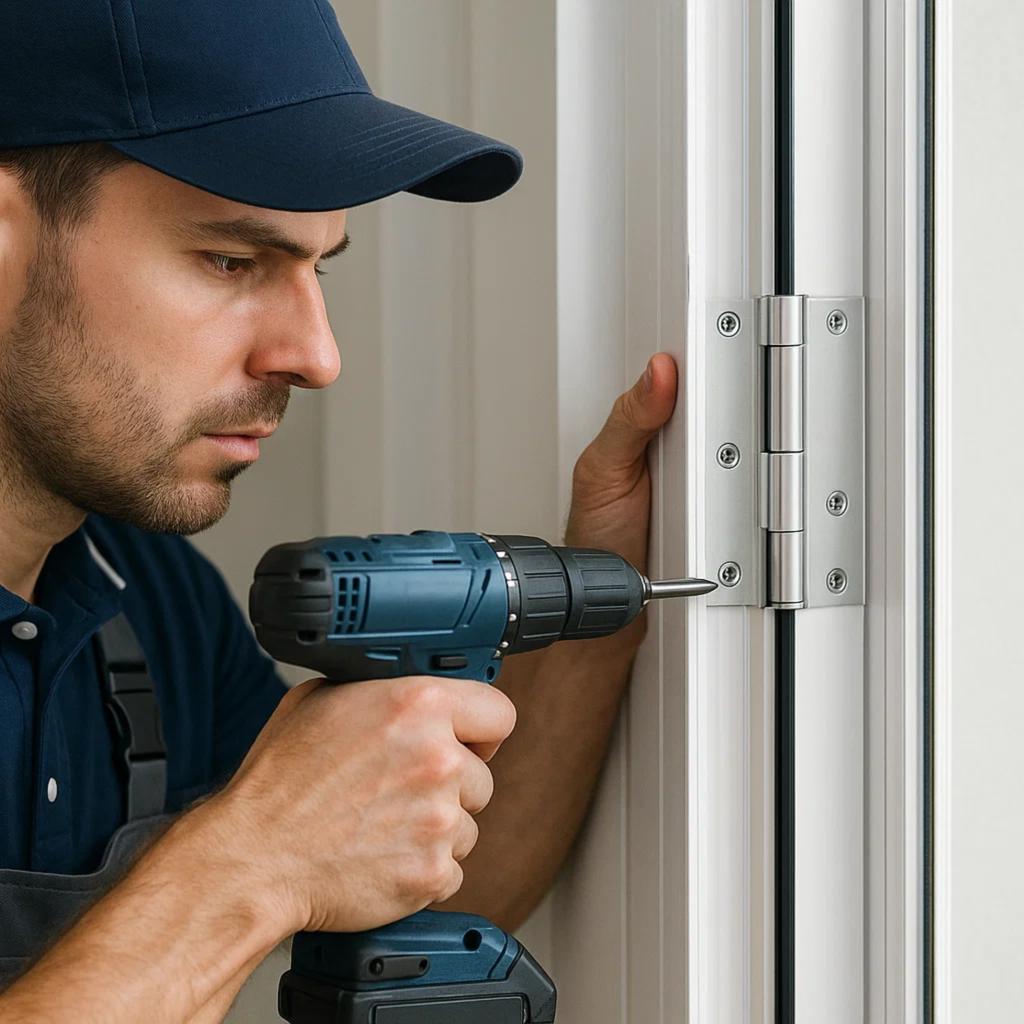 Technician replacing aluminum door hinge in Washington DC