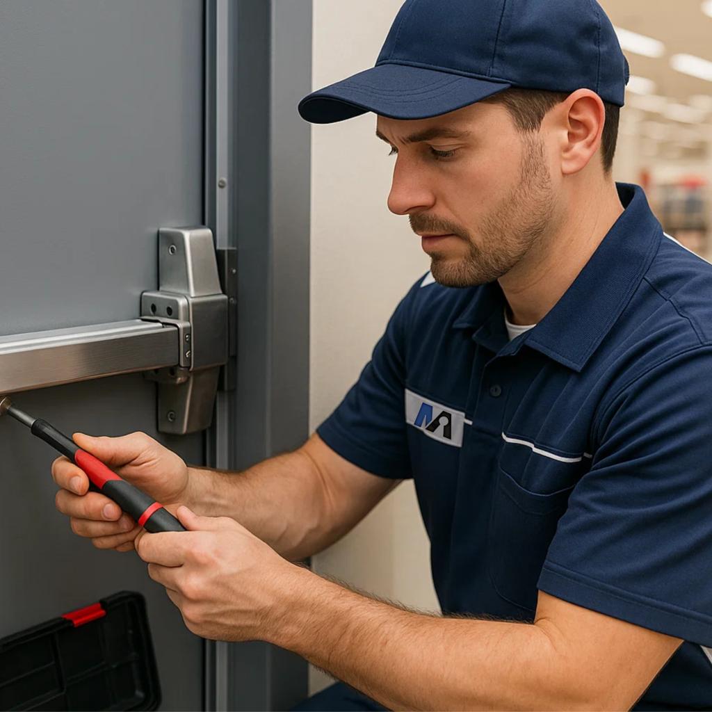 Technician repairing commercial exit door with panic bar in Arlington VA