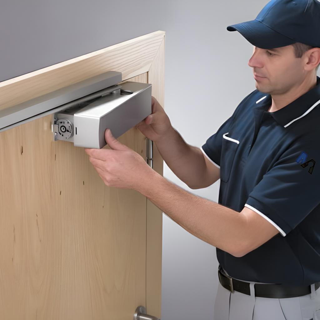Technician repairing a door closer on a commercial door in Arlington, VA