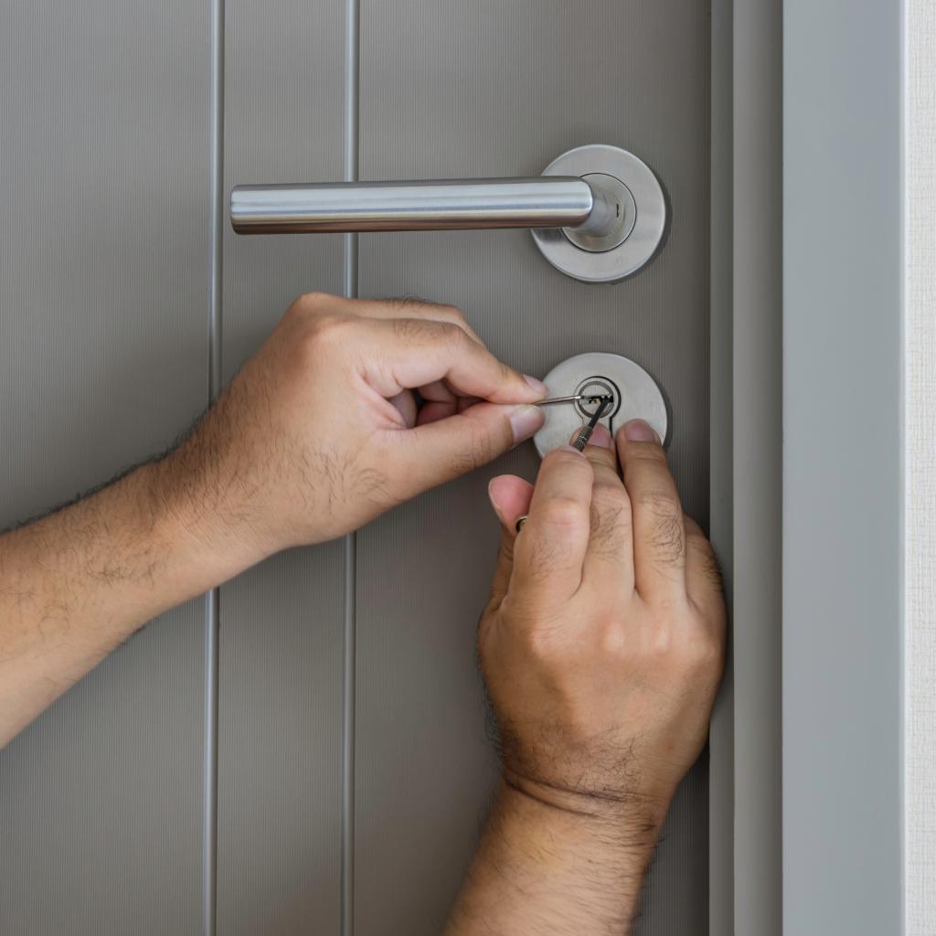Technician using lock-picking tools to provide emergency lockout services in Maryland