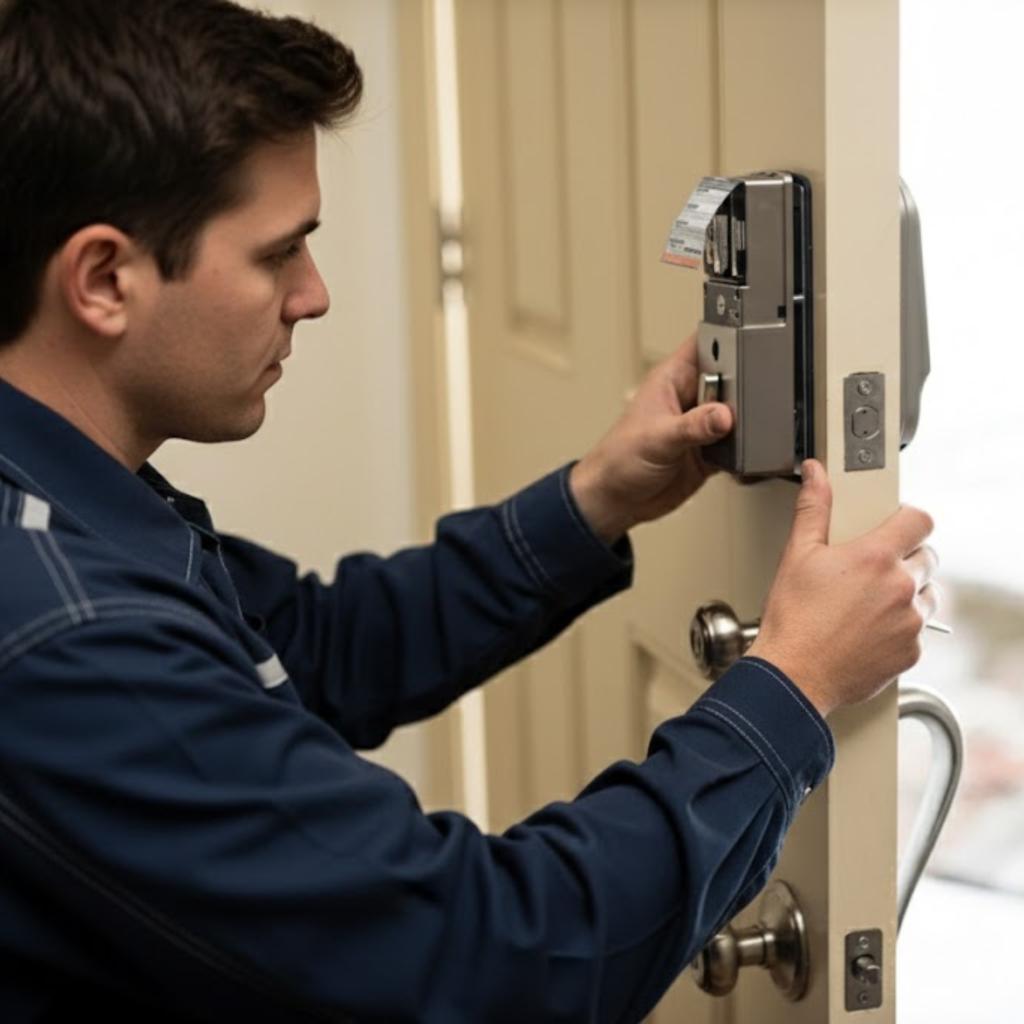 Close-up of smart lock installation on a Downtown DC condo door