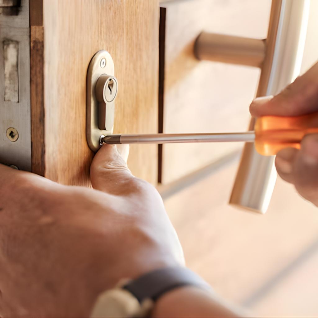 Technician rekeying office door in Columbia’s Merriweather District