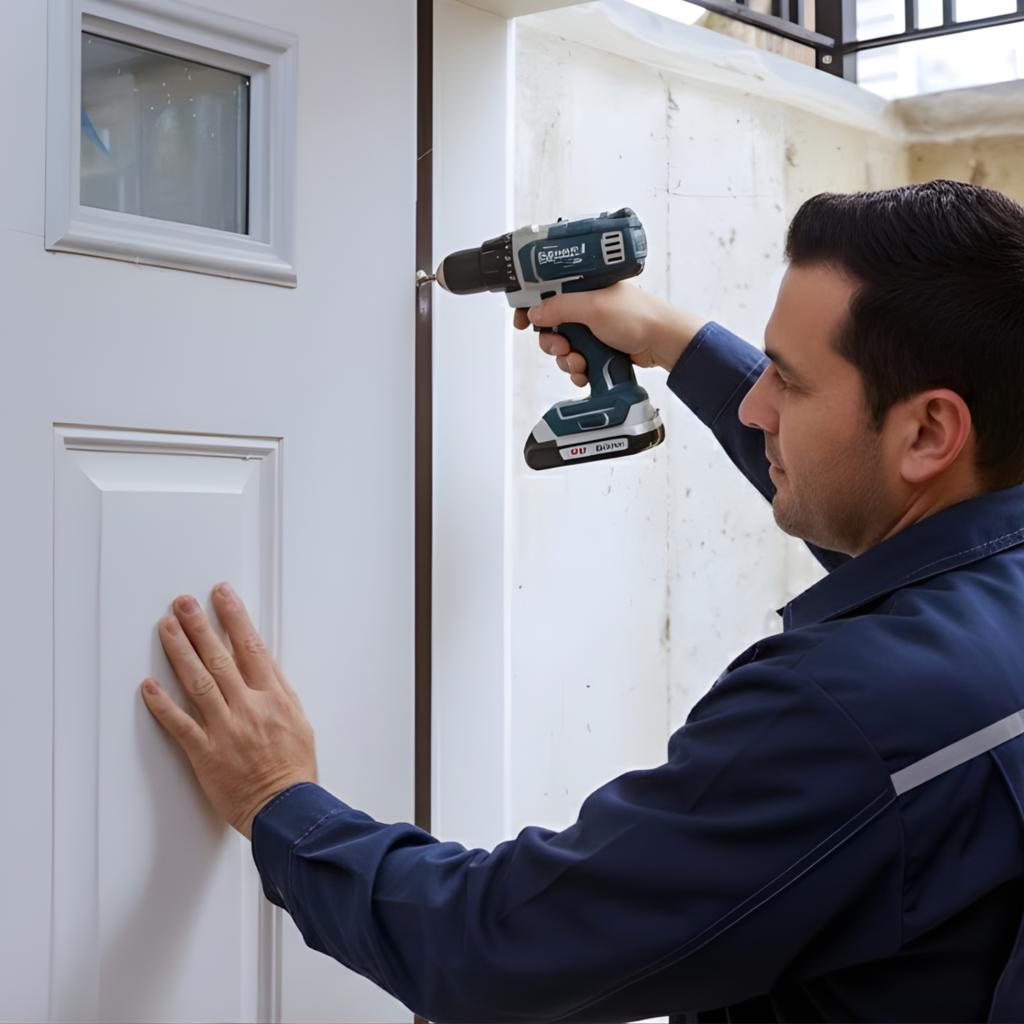 Technician adjusting door hinges in a historic DC brownstone