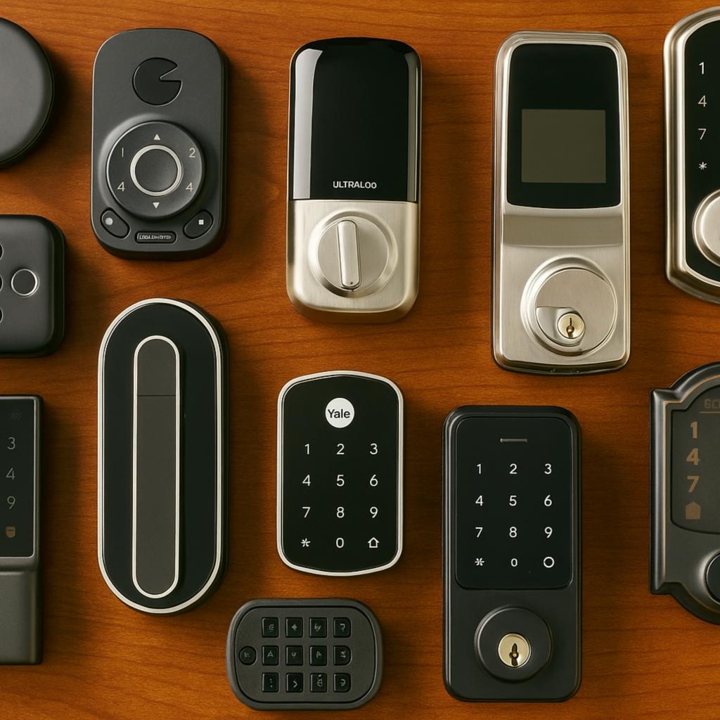 Smart lock setup in Maryland featuring a variety of digital keypad and touchscreen locks arranged for residential and commercial