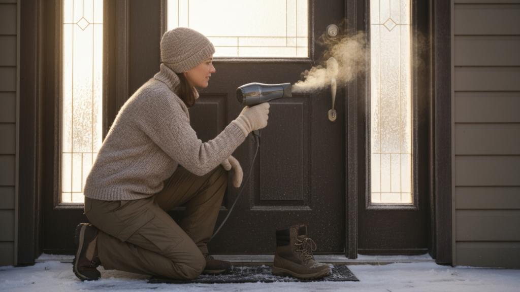 Woman using a hairdryer to unfreeze a frozen door latch during winter