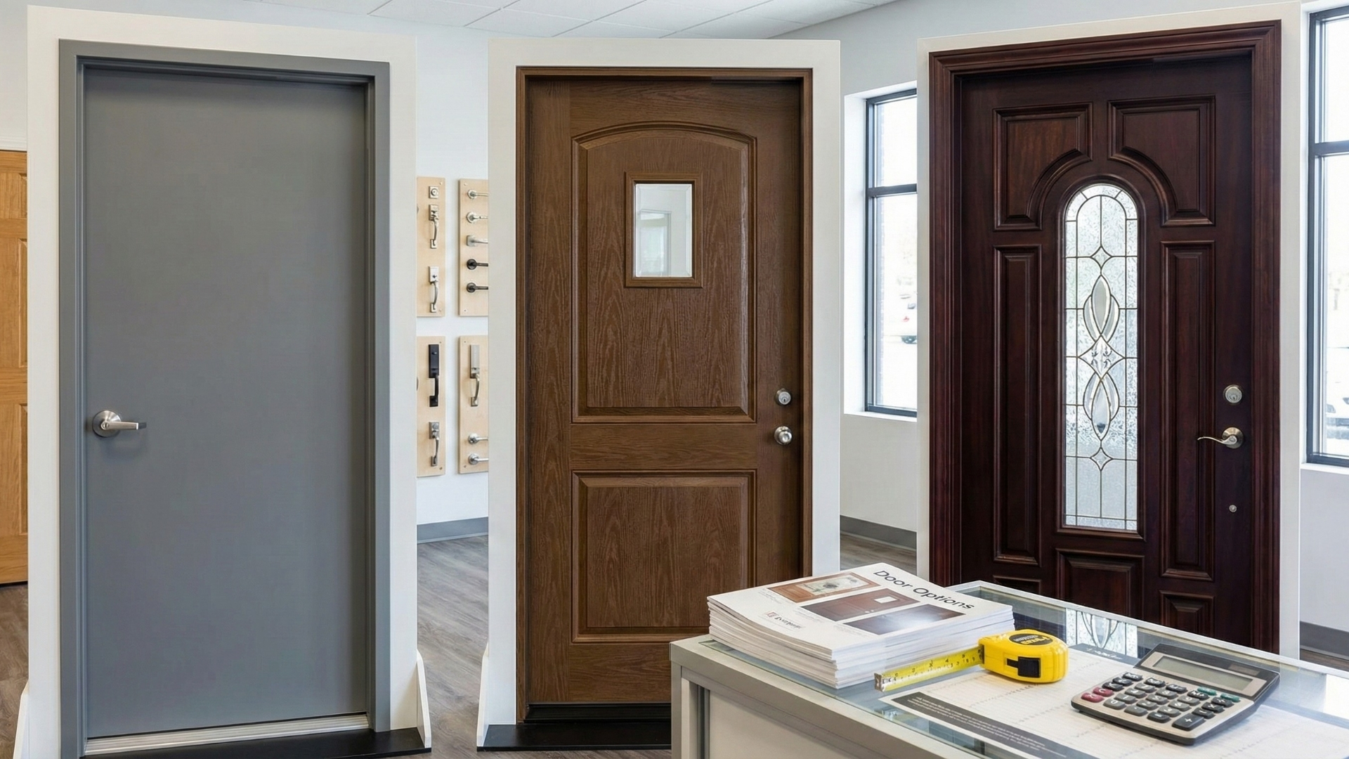 New door options, including steel, fiberglass, and wood, are on display in a showroom