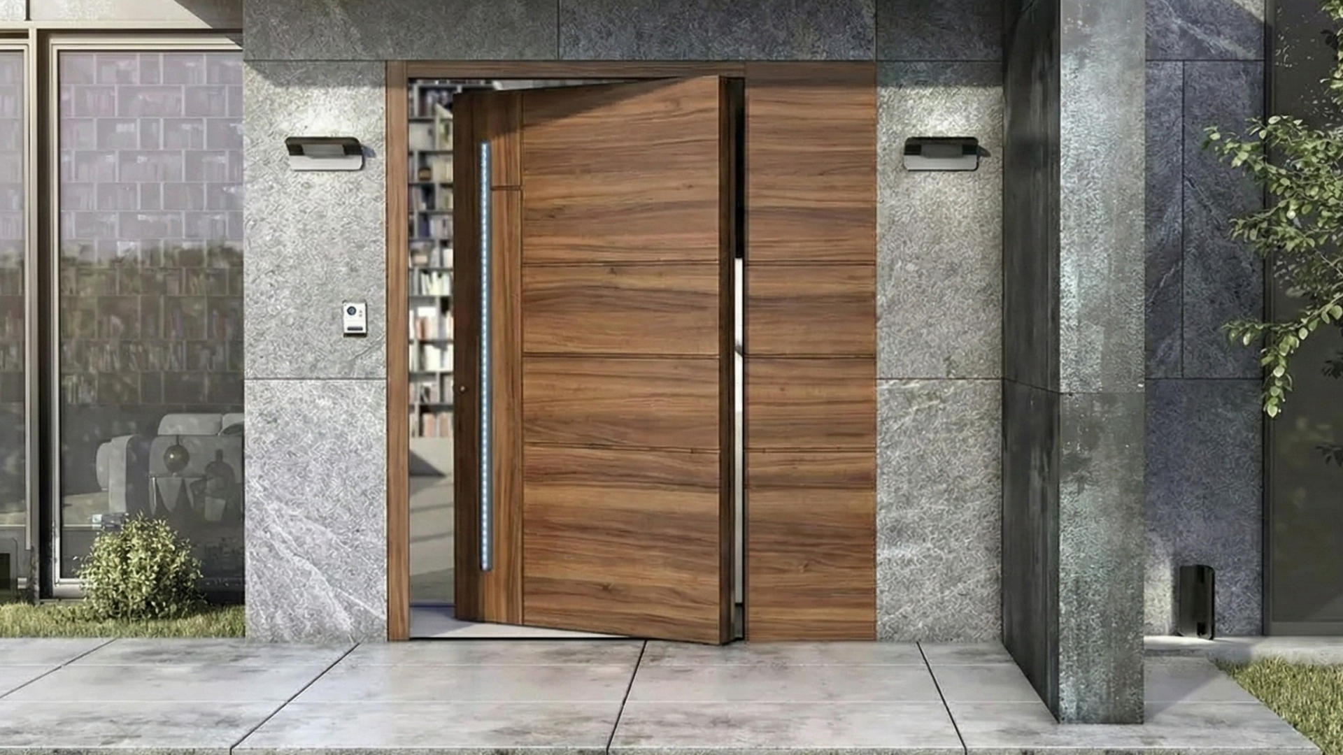 Modern wood new door on a contemporary home
