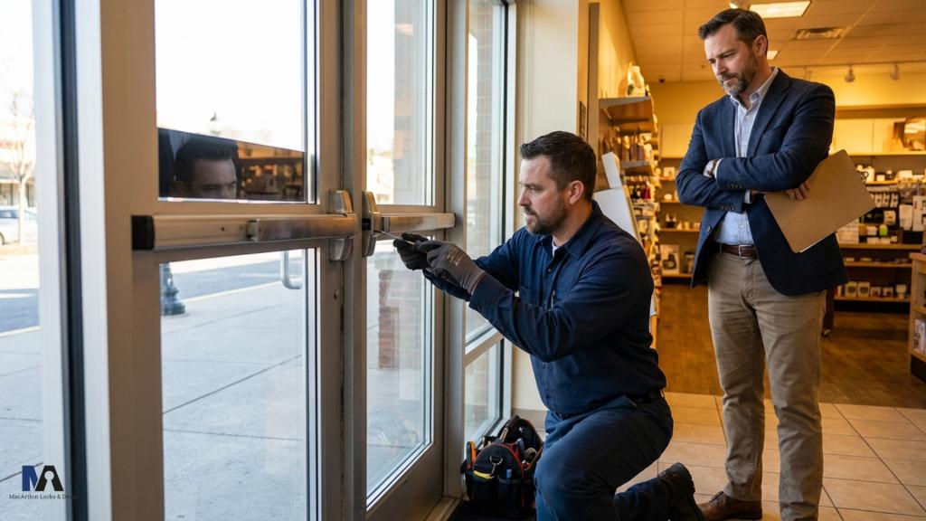 On-site commercial door repair showing a locksmith adjusting panic bar hardware for better business security