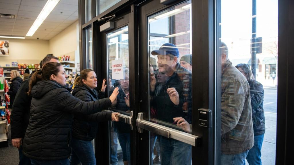 Shoppers stuck inside a retail store due to a faulty push bar