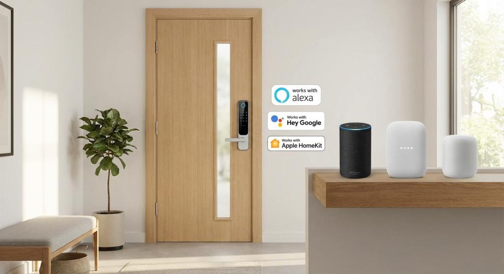 A door installed with a smart lock compatible with Alexa, Google, and Apple