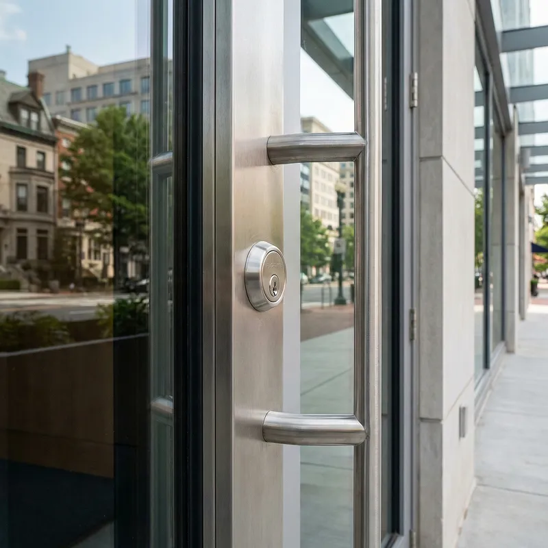 Commercial locksmith in DMV performing lock installation or repair on a metal-framed glass door