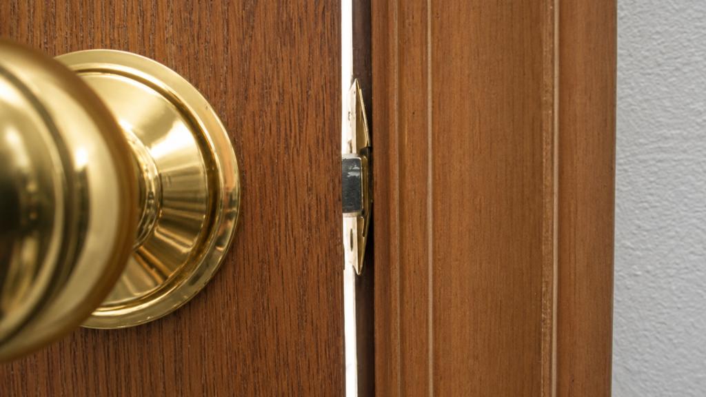 Close-up of a residential door latch that will not align properly with the strike plate, a common broken lock warning sign