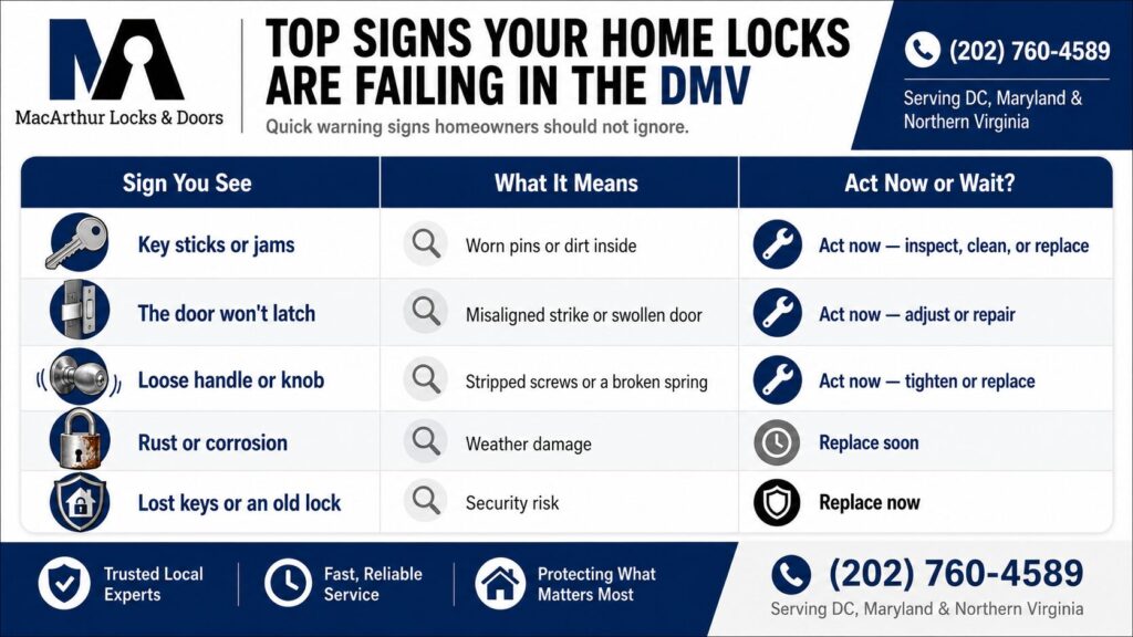 MacArthur Locks & Doors infographic explaining broken lock warning signs, including keys that stick, doors that will not latch, loose handles, rusted hardware, and outdated locks