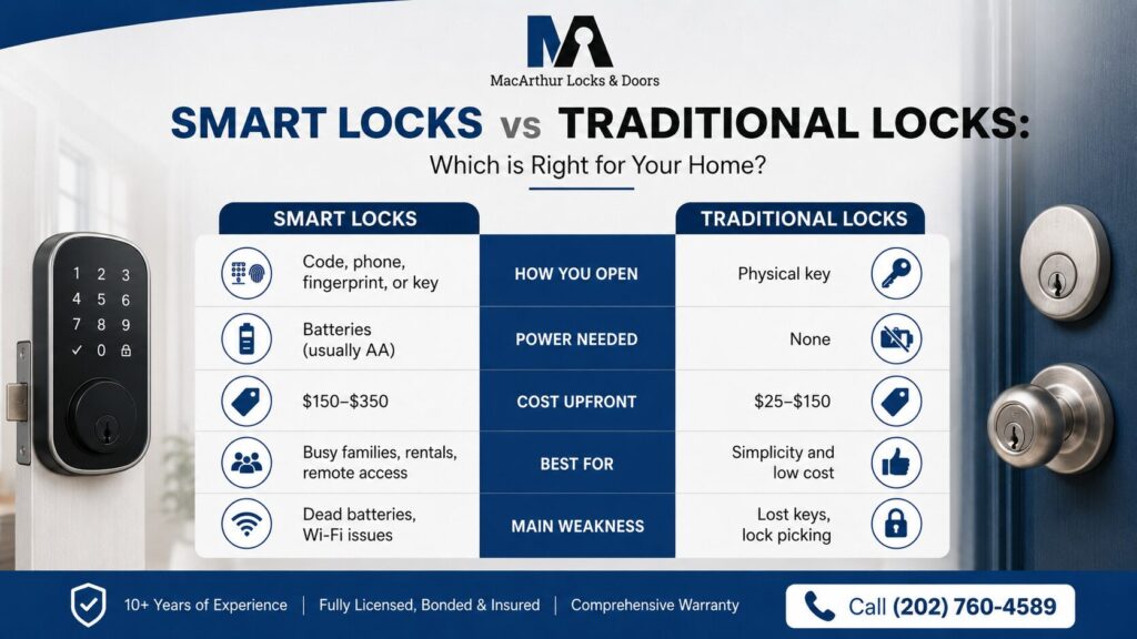 MacArthur Locks & Doors infographic comparing smart locks and traditional locks by entry method, battery use, upfront cost, convenience, and security concerns