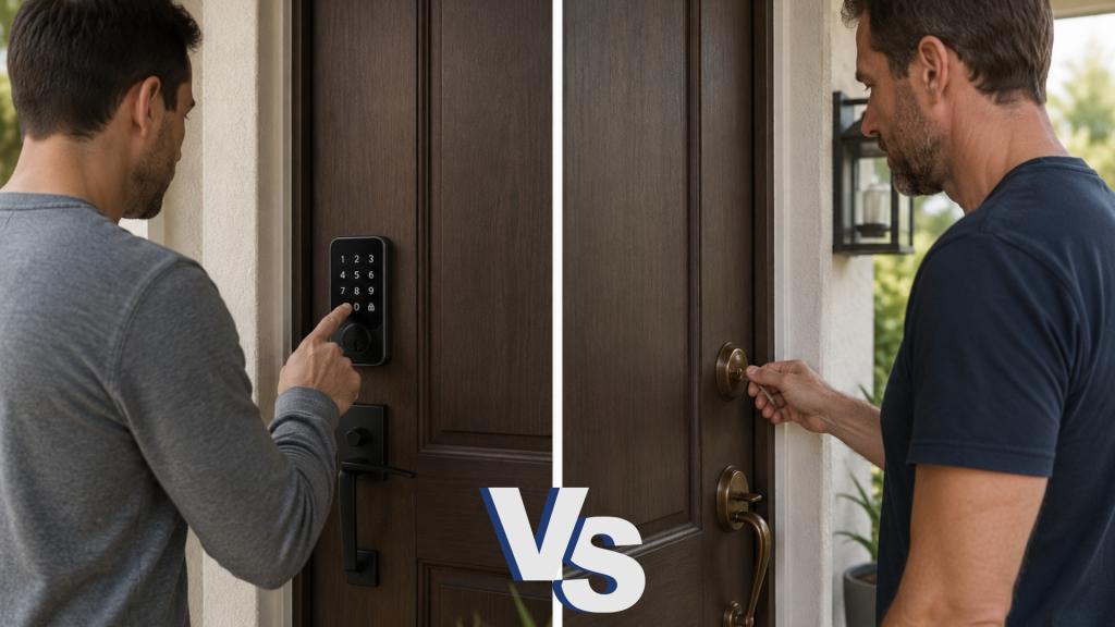 Split image comparing a smart keypad lock and a traditional keyed door lock for residential home security