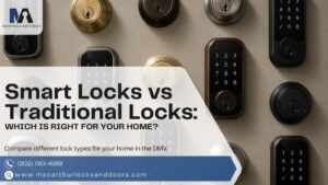smart-locks-vs-traditional-locks-dmv Smart locks vs traditional locks comparison graphic showing keypad locks and deadbolts for home security in the DMV
