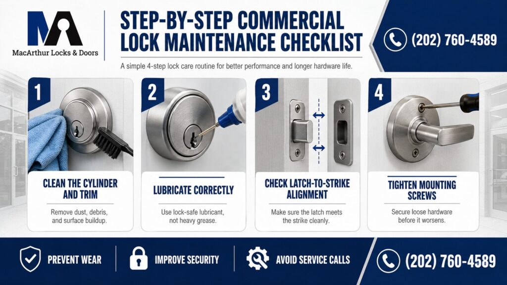 Commercial lock maintenance checklist showing four steps: cleaning the lock cylinder, lubricating correctly, checking latch alignment, and tightening mounting screws