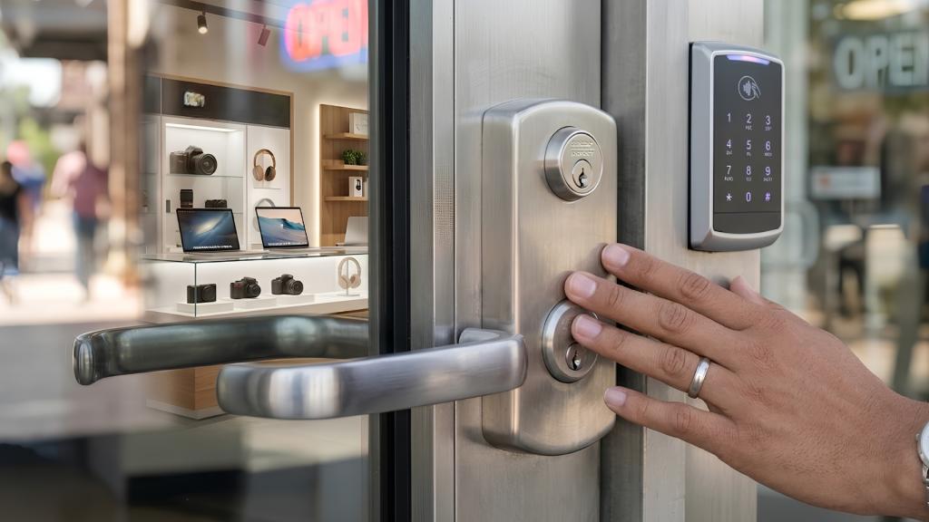 Commercial door locks maintenance guide showing a storefront door handle, keyed lock, and keypad access system