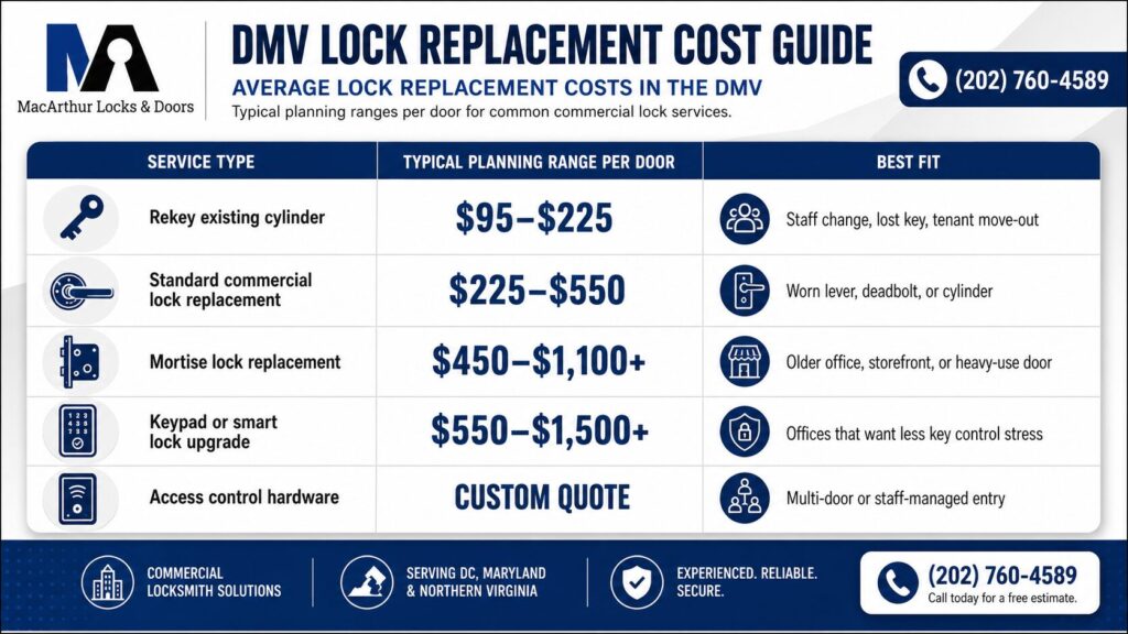 MacArthur Locks & Doors infographic showing average commercial lock replacement costs in the DMV, including rekeying, standard lock replacement, mortise locks, keypad locks, smart locks, and access control hardware