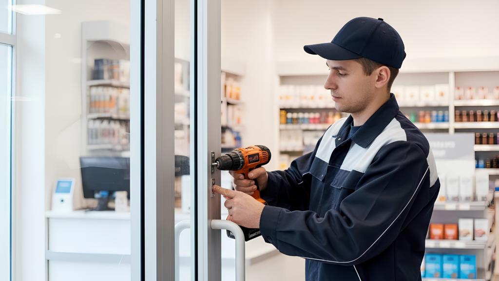 MacArthur Locks & Doors photo showing a commercial locksmith using a drill to install lock hardware on a glass business entrance door